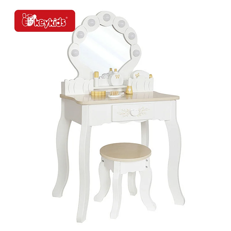 2025 LED Vanity Table Set - Wooden Princess Dressing Table with Mirror & Light Switch, Pretend Play Makeup Toy for Girls W08H222